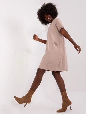 Basic dark beige sweatshirt dress with drawstring