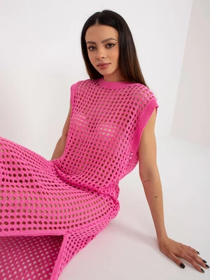 Pink summer knitted dress with openwork pattern