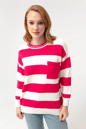 Lafaba Women's Fuchsia Crew Neck Pocket Striped Knitwear Sweater