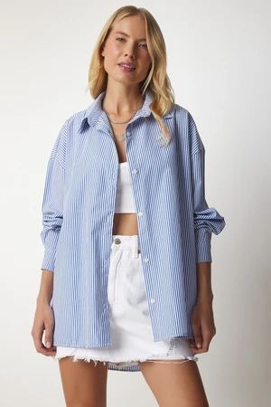 Happiness İstanbul Women's Sky Blue Striped Oversize Long Basic Shirt