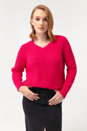 Lafaba Women's Fuchsia V-Neck Knitwear Sweater