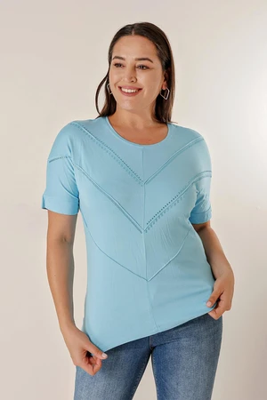 By Saygı Plus Size Blouse with Bat Short Sleeves and Stone Print on the Front.