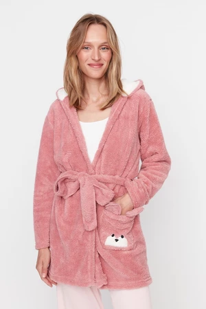 Trendyol Powder Belted Animal Figured Hooded Wellsoft Knitted Dressing Gown