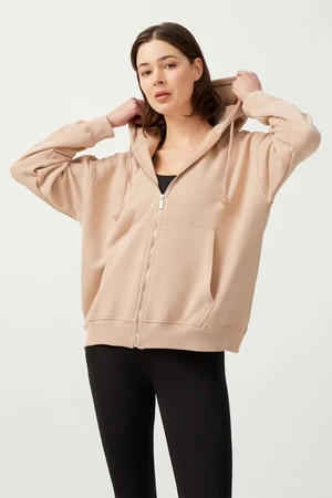 LOS OJOS Women's Beige Hooded Oversized Rayon Zipper Knitted Sweatshirt.