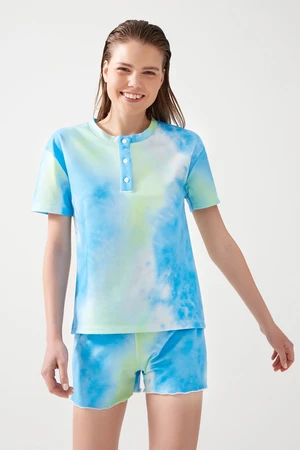 LOS OJOS Women's Blue Green Tie Dye Patterned Pajamas Set Pj