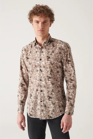 Avva Men's Camel Abstract Pattern 100% Cotton Slim Fit Slim Fit Shirt