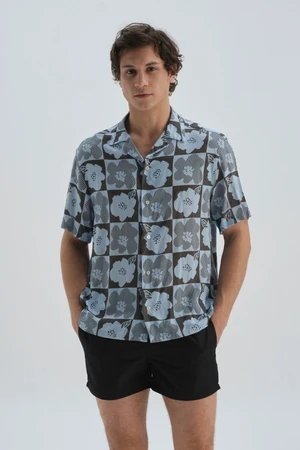 Dagi Anthracite Blue Patterned Short-Sleeve Shirt