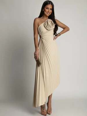 Women's elegant pleated dress Fasardi - light beige