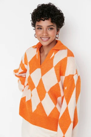 Trendyol Orange Wide Pattern Soft Textured Patterned/Jacquard Knitwear Sweater