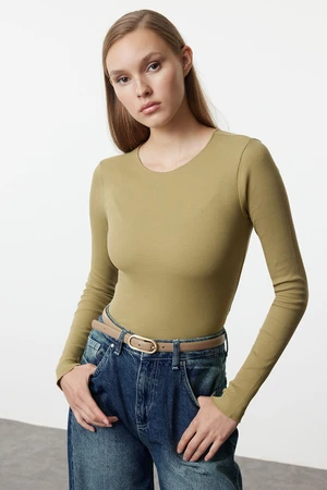 Trendyol Khaki Ribbed Crew Neck Fitted Cotton Stretchy Knitted Blouse