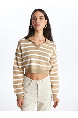 LC Waikiki Polo Neck Striped Długi Rękaw Crop Damski Sweter Z Dzianiny