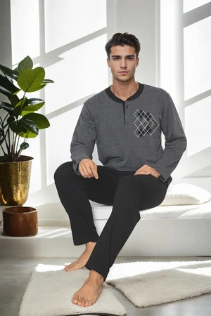 J3084 Dewberry Mens Two Thread Thick Long Sleeve Pyjama Set-GREY