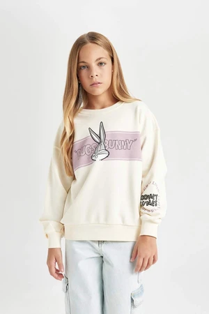 DEFACTO Girl Ecru Looney Tunes Printed Relax Fit Crew Neck Sweatshirt