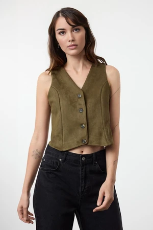 Trendyol Dark Green Fitted Buttoned Suede Crop Woven Vest