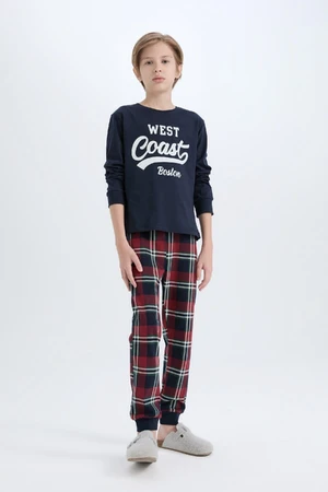 DEFACTO Boy's Pajama Set Crew Neck Printed Long Sleeve Top Plaid Long Bottom