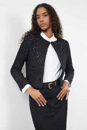 Trendyol Black Crop Lined Sequin Detailed Jacket-Look Knitwear Cardigan