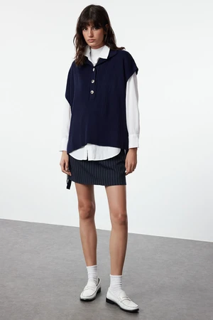 Trendyol Navy Blue Side Tie Detailed Collar Buttoned Knitwear Sweater