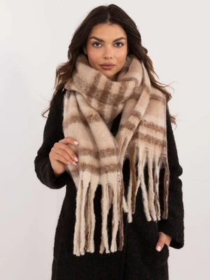 Beige and brown thick scarf with fringe