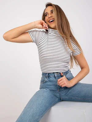 Black and white blouse with high neckline in ribbed cotton by Amande OCH BELLA