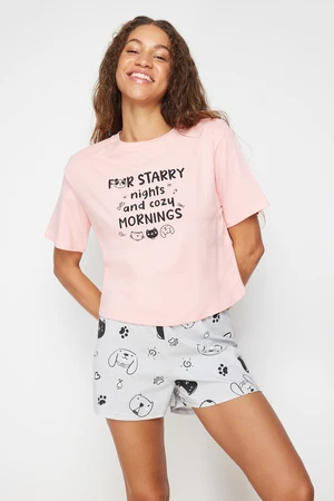 Trendyol Pink-Grey 100% Cotton Slogan Printed Knitted Pajama Set