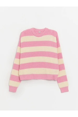 LC Waikiki Lcw Crew Neck Striped Long Sleeve Girl's Crop Knitwear Sweater