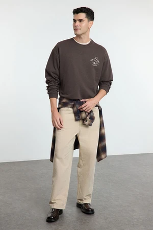 Trendyol Brown Oversize/Wide Cut Printed and Embroidered Fleece Inside Sweatshirt