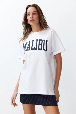 Trendyol White 100% Cotton City Slogan Printed Oversize/Relaxed Cut Knitted T-Shirt