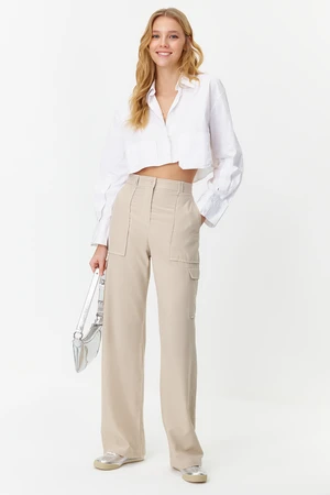 Trendyol Mink Cargo Wide Leg Contrast Stitch Detail Woven Trousers