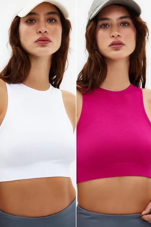 Trendyol Fuchsia-White 2-Piece Seamless/Seamless Light Support/Shaping Knitted Sports Bra