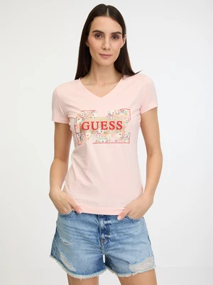 Guess Logo Flowers Triko Růžová