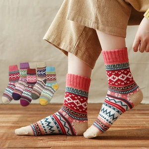 5 Pairs Lot Pack Women Socks Autumn Winter Snow Thickened Thermal Warm Folk-custom Retro Nordic Style Wool Socks Christmas Gift