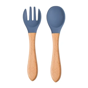 2PCS/Set Baby Feeding Spoon Fork Wooden Handle Spoon Fork Set Soft Silicone Tip Spoon Fork BPA Free Food Grade Infant Toddlers