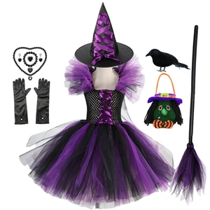 Girls Halloween Cosplay Witch Costume Children Carnival Vestidos Party Infant Witch Fancy Dress Clothing Set Bag Hat