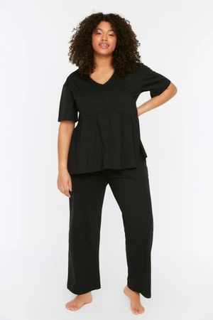 Trendyol Curve Black V-Neck Knitted Pajamas Set