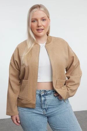 Trendyol Curve Beige Zippered Long Sleeve Pocketed Plus Size Jacket