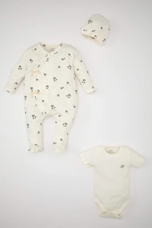 DEFACTO Baby Girl Newborn Printed Snap Romper Snap Body Hat 3 Piece Set