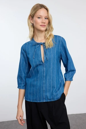 Trendyol Blue Striped Tie-Down Denim Shirt