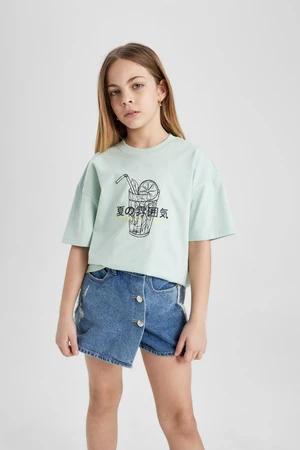 DEFACTO Girl Oversize Fit Crew Neck Printed Short Sleeve T-Shirt