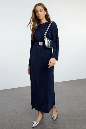 Trendyol Navy Blue Pleated Belt Detailed Knitted Dress