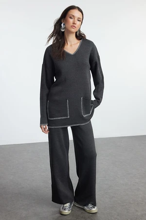 Trendyol Anthracite Shepherd Stitch Detailed Knitwear Top-Bottom Set