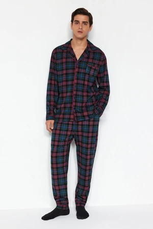 Trendyol Navy Blue Regular Fit Plaid Knitted Pajamas Set