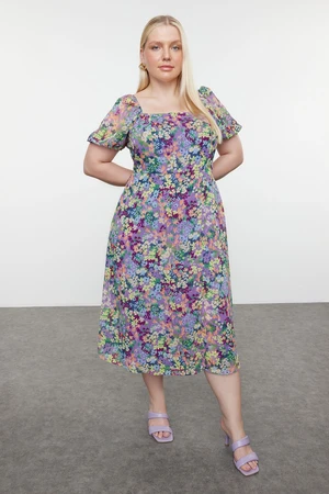 Trendyol Curve Pink Lined Chiffon Floral Square Neck Balloon Sleeve Woven Plus Size Dress