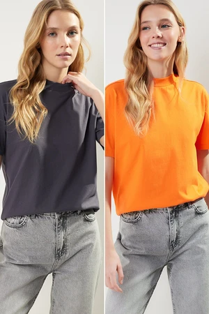 Trendyol Anthracite-Orange 2-Pack Basic High Neck Knitted T-Shirt