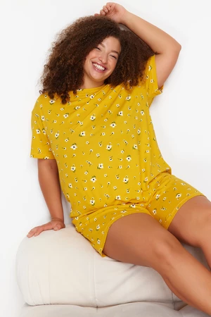 Trendyol Curve Yellow Flower Patterned Knitted Pajama Set