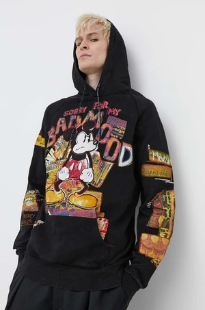 Bavlněná mikina Desigual MICKEY BAD MOOD pánská, černá barva, s kapucí, s potiskem, 24SMSK15