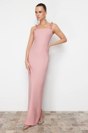 Trendyol Pink Fitted Floral Detailed Woven Long Evening Evening Dress