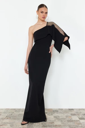 Trendyol Black Body-Fitting Stone Accessory One Sleeve Long Evening Dress