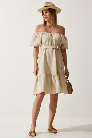 Happiness İstanbul Women's Cream Carmen Collar Belted Summer Muslin Dress