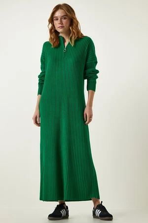 Happiness İstanbul Women's Green Ribbed Oversize Knitwear Dress