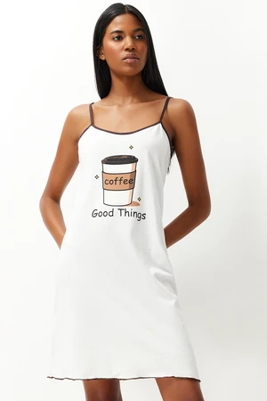 Trendyol Ecru 100% Cotton Coffee Printed Rope Strap Knitted Nightgown